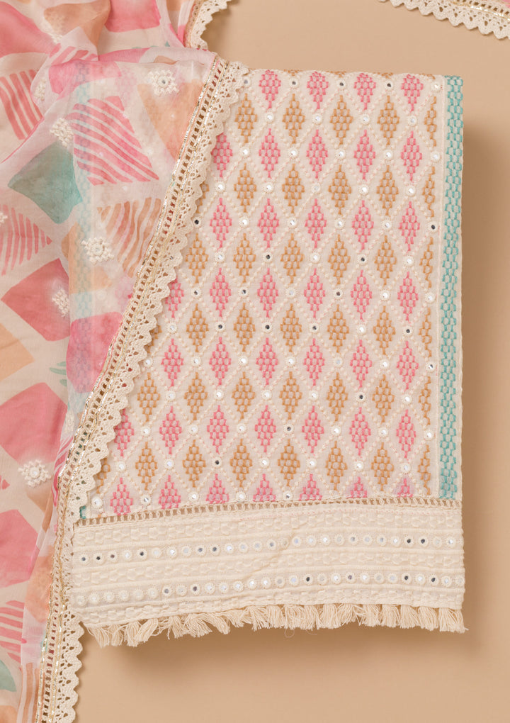 Peach Threadwork Cotton Unstitched Salwar Suit