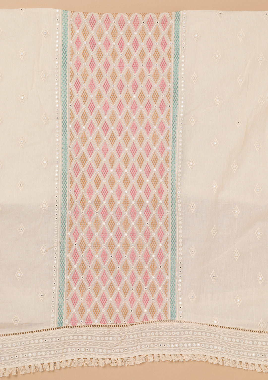 Peach Threadwork Cotton Unstitched Salwar Suit