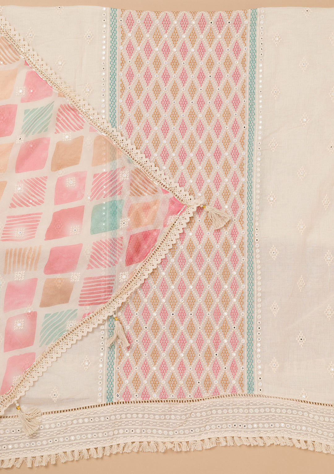 Peach Threadwork Cotton Unstitched Salwar Suit