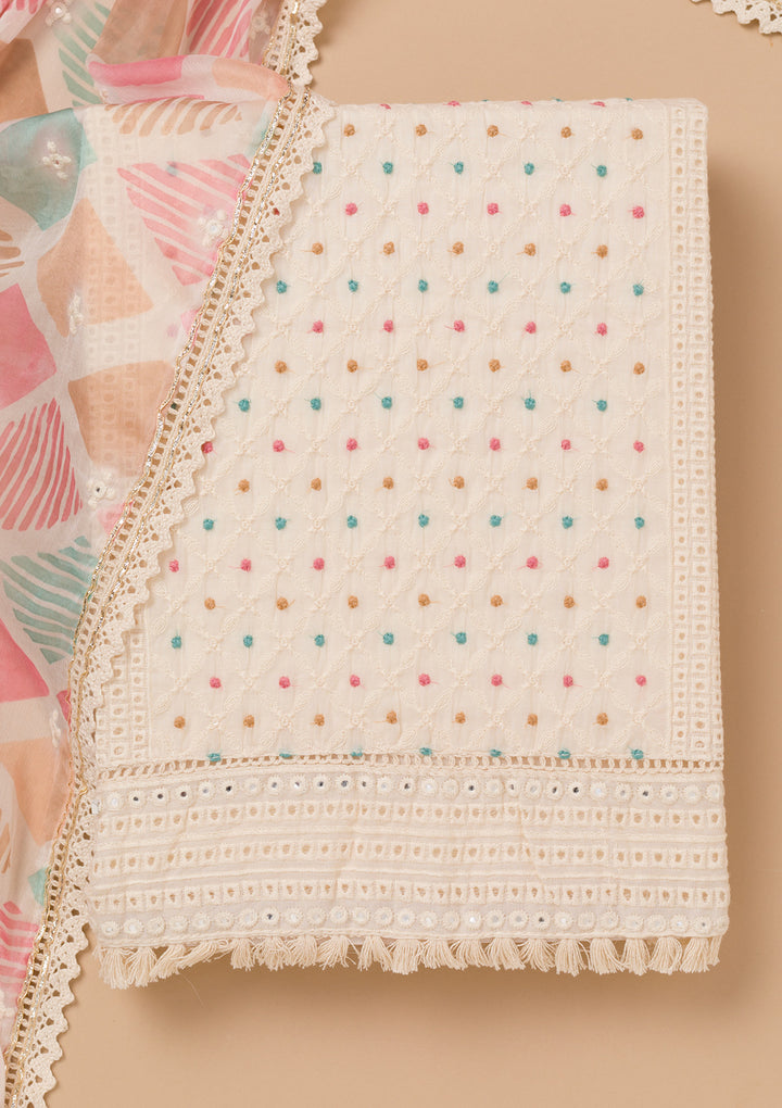 Peach Threadwork Cotton Unstitched Salwar Suit