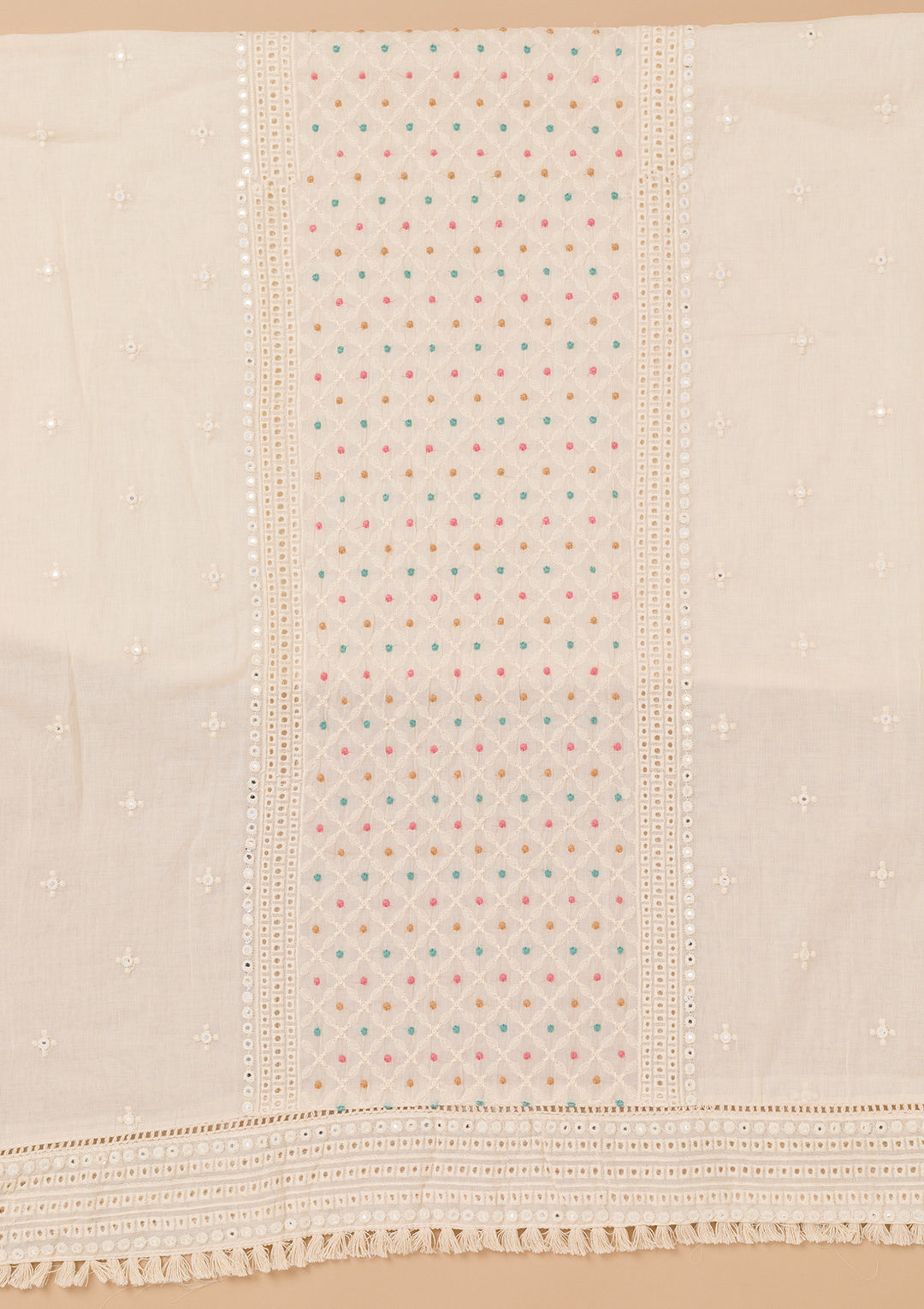 Peach Threadwork Cotton Unstitched Salwar Suit