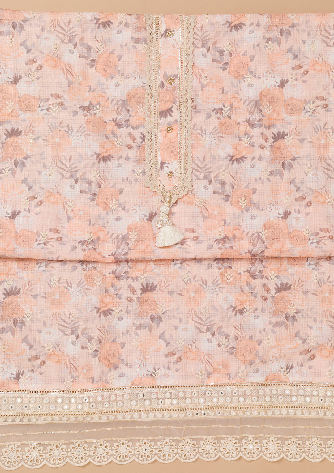 Peach Threadwork Cotton Unstitched Salwar Suit