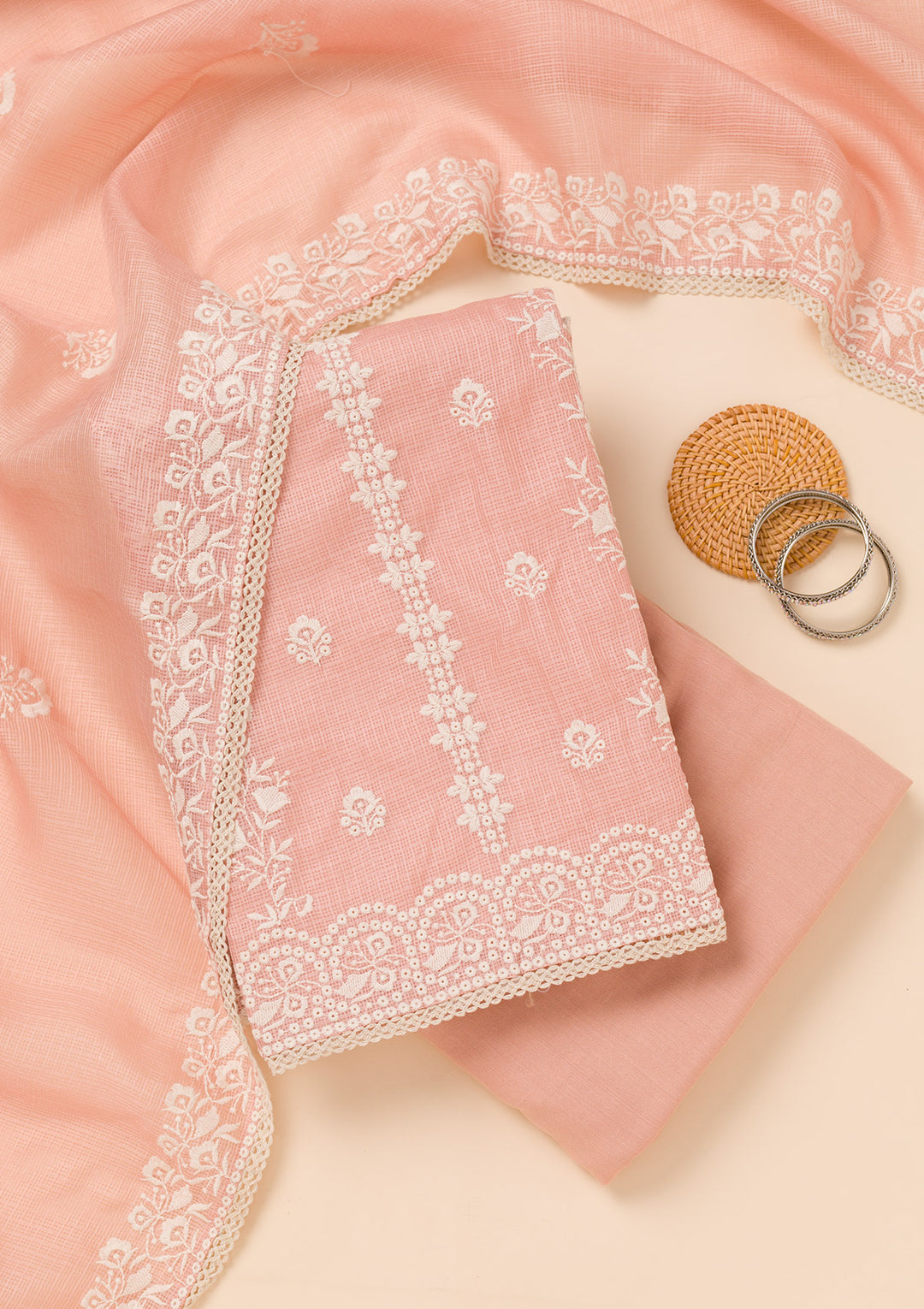 Peach Threadwork Cotton Blend Unstitched Salwar Suit