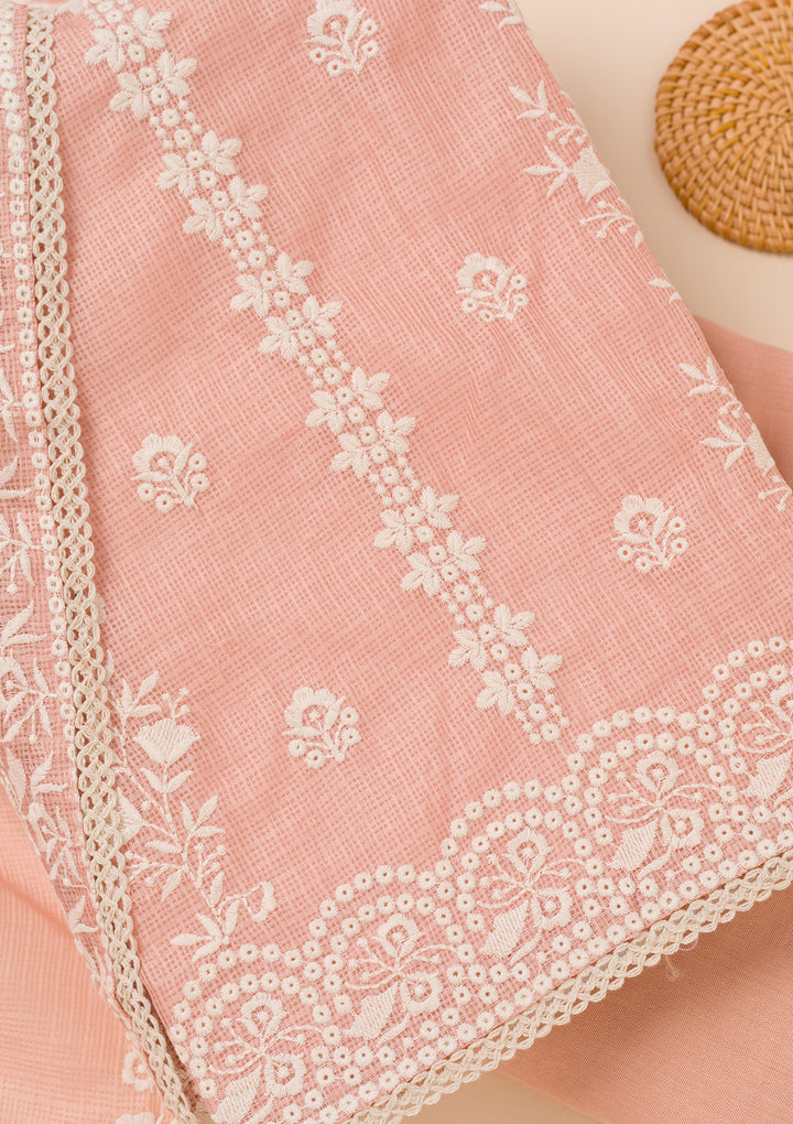 Peach Threadwork Cotton Blend Unstitched Salwar Suit