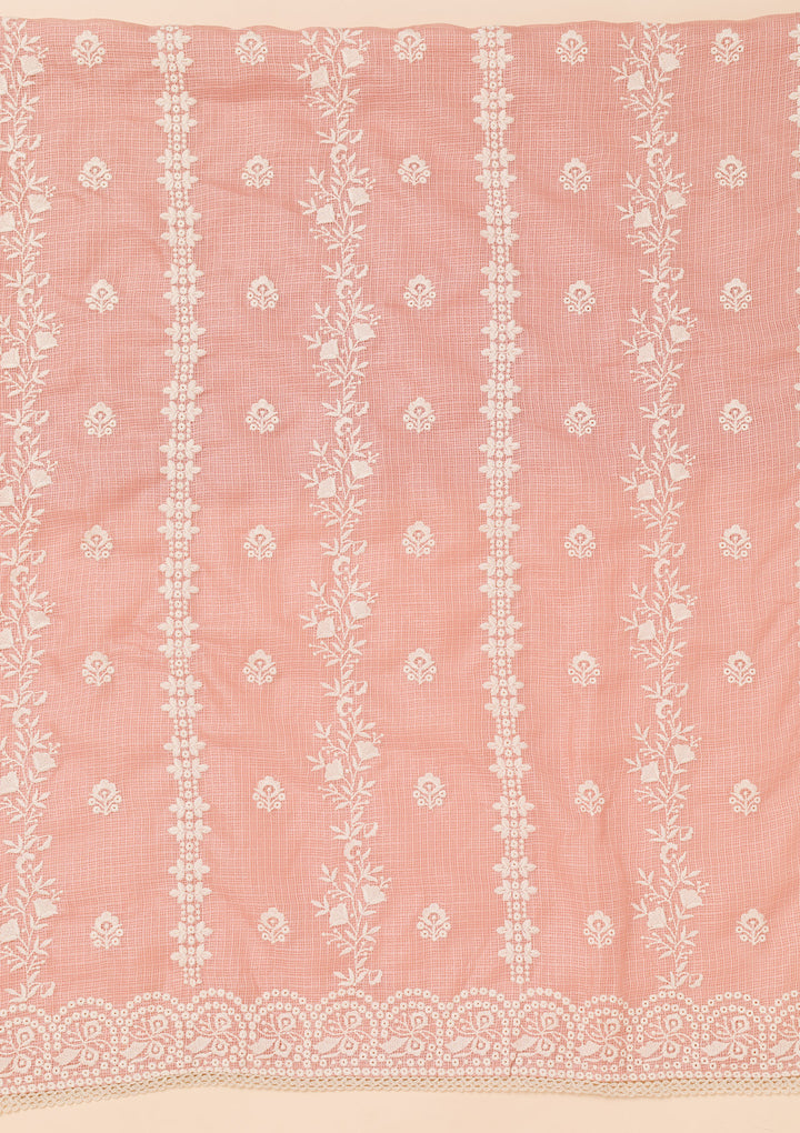 Peach Threadwork Cotton Blend Unstitched Salwar Suit