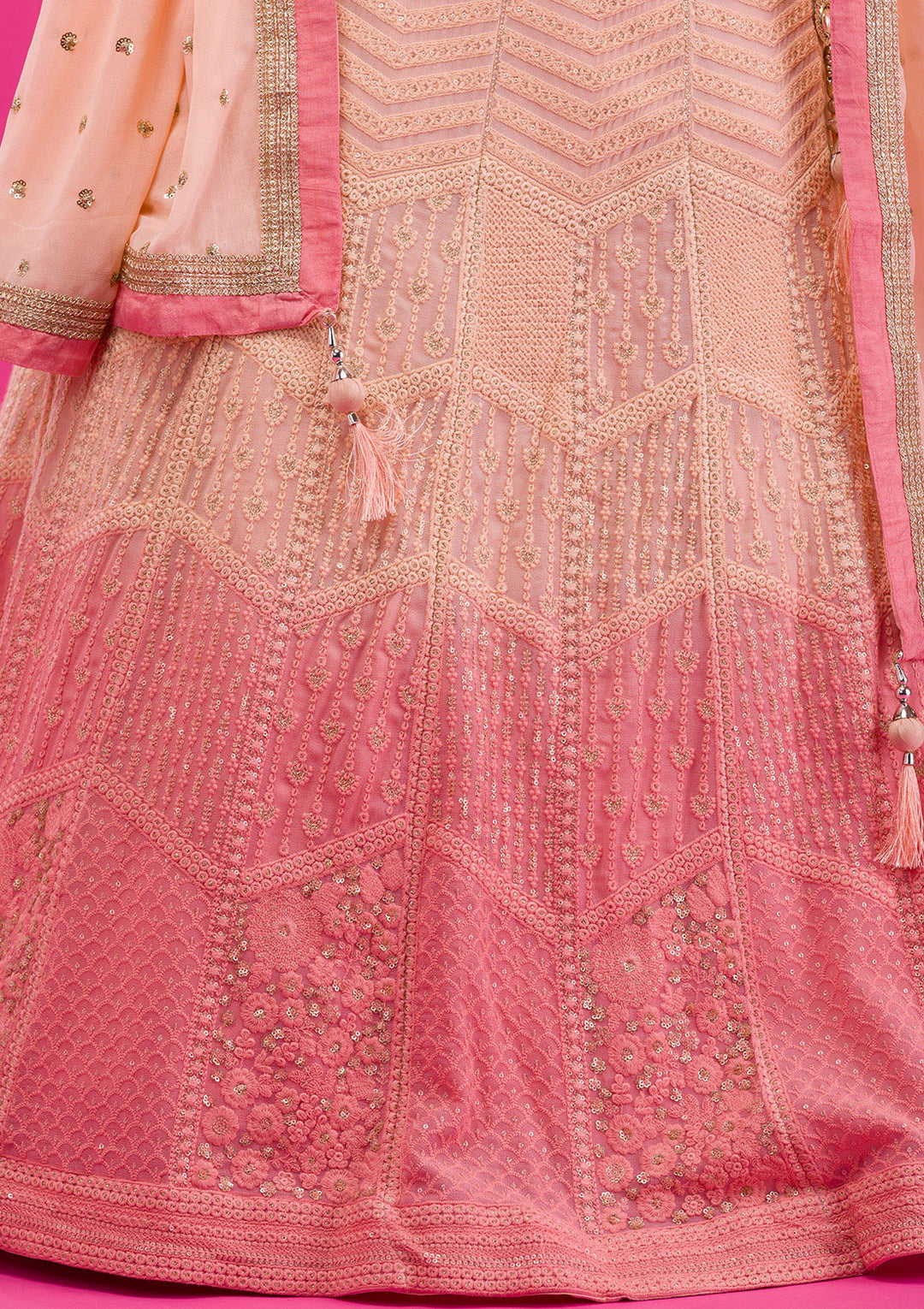 Peach Threadwork Georgette Readymade Lehenga-Koskii