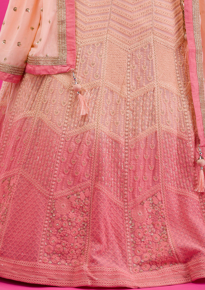 Peach Threadwork Georgette Readymade Lehenga-Koskii