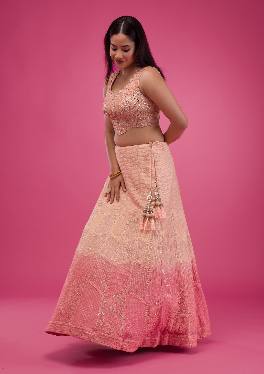 Peach Threadwork Georgette Readymade Lehenga-Koskii