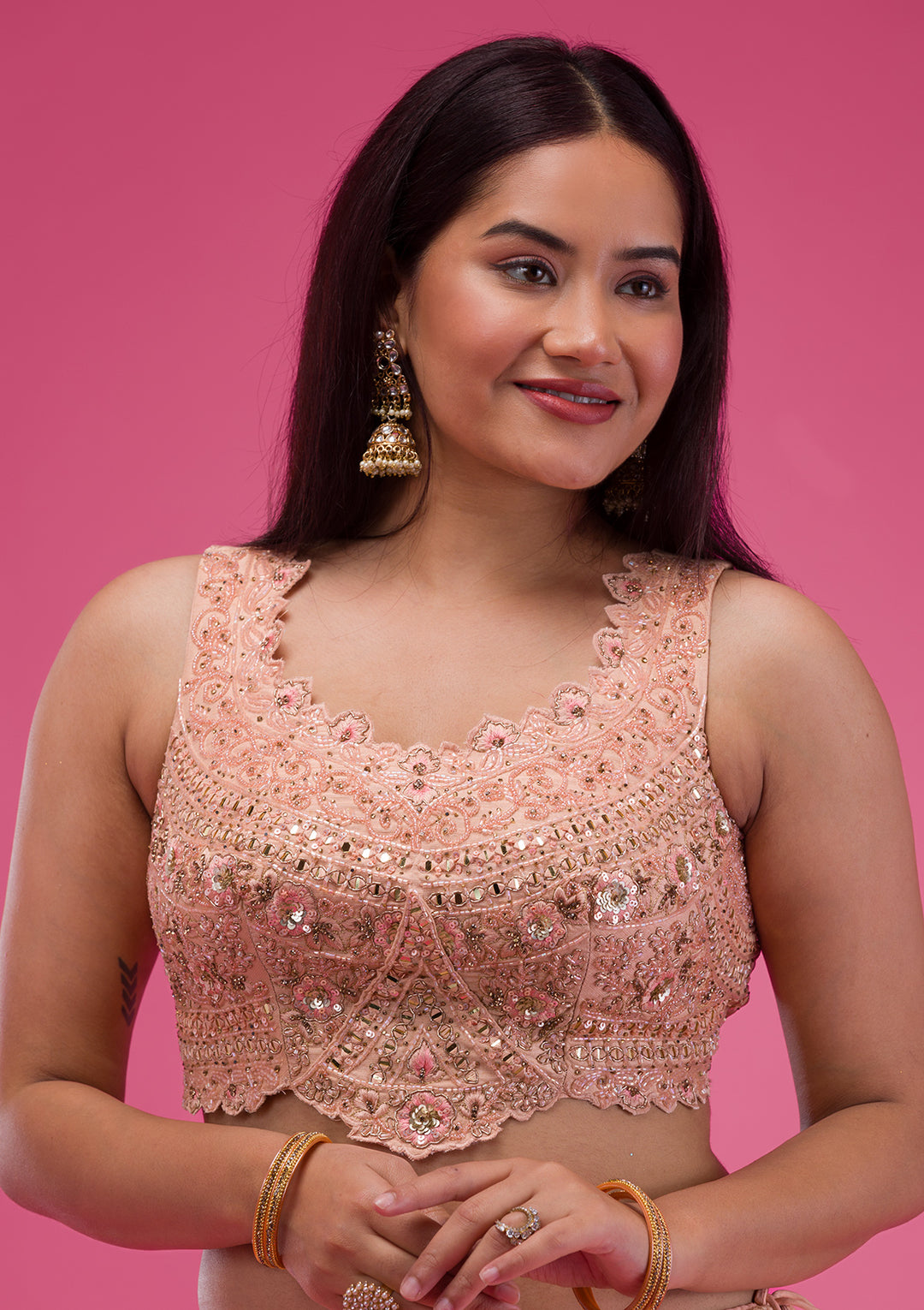 Peach Threadwork Georgette Readymade Lehenga-Koskii