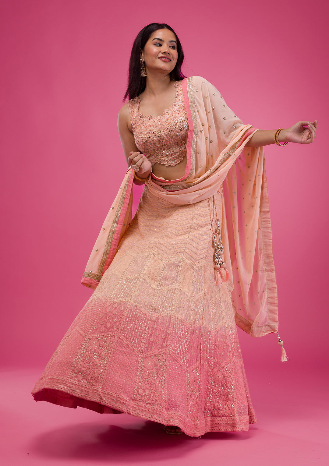 Peach Threadwork Georgette Readymade Lehenga-Koskii