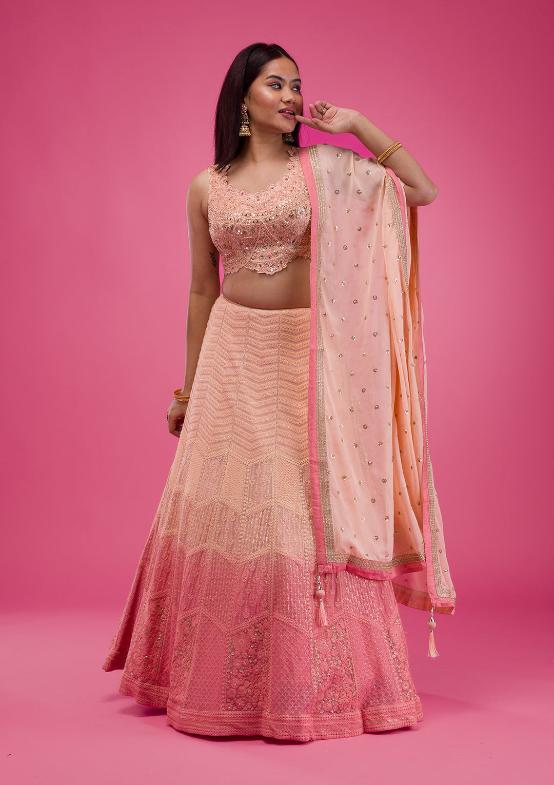 Peach Threadwork Georgette Readymade Lehenga-Koskii