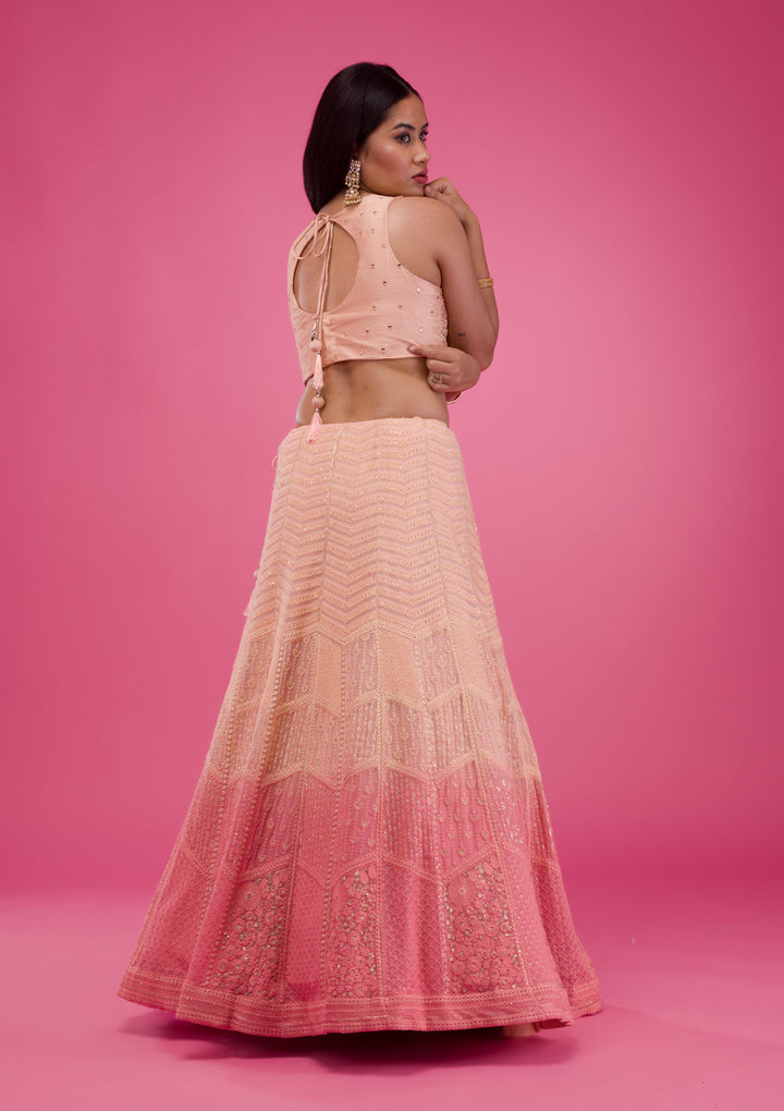 Peach Threadwork Georgette Readymade Lehenga-Koskii