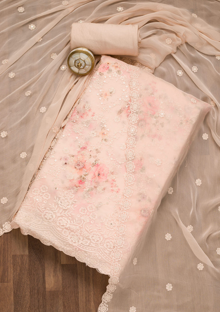 Peach Threadwork Georgette Unstitched Salwar Suit-Koskii