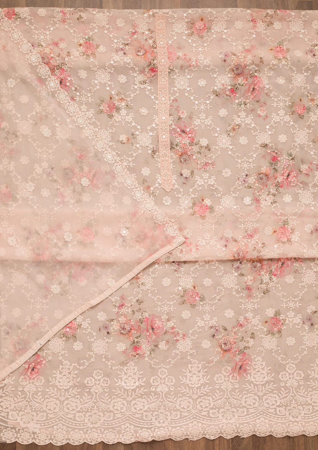 Peach Threadwork Georgette Unstitched Salwar Suit