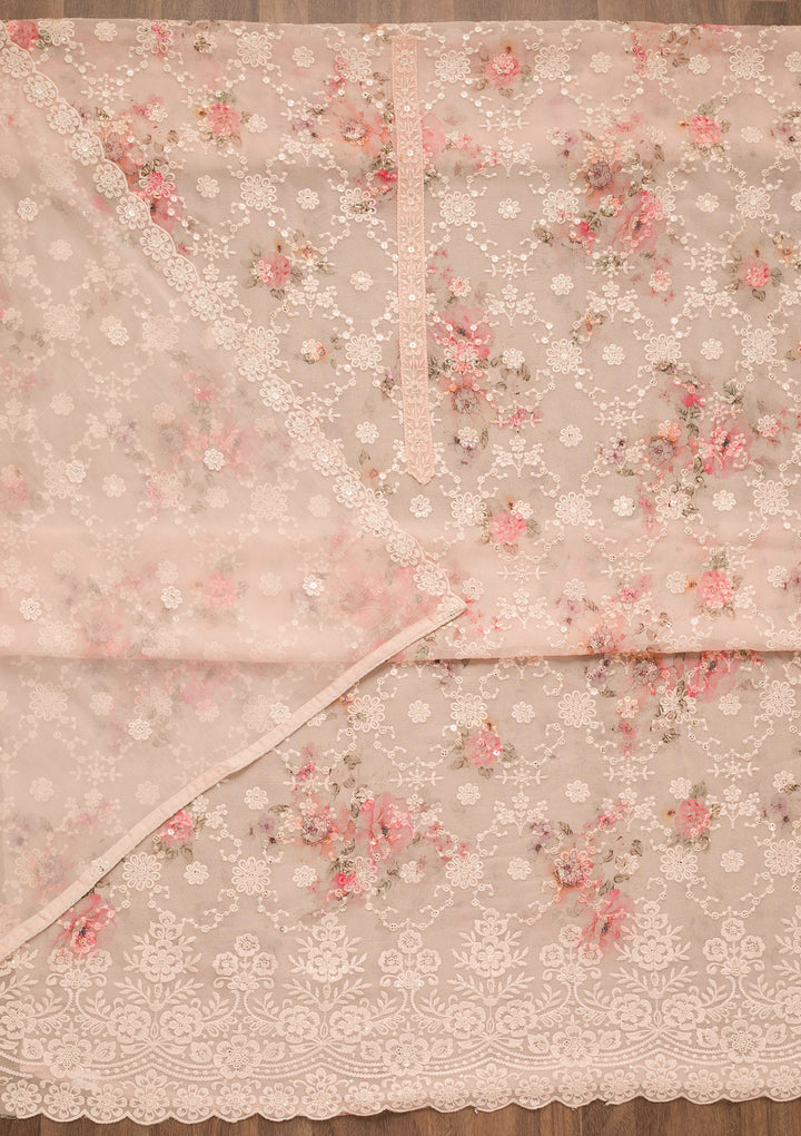 Peach Threadwork Georgette Unstitched Salwar Suit