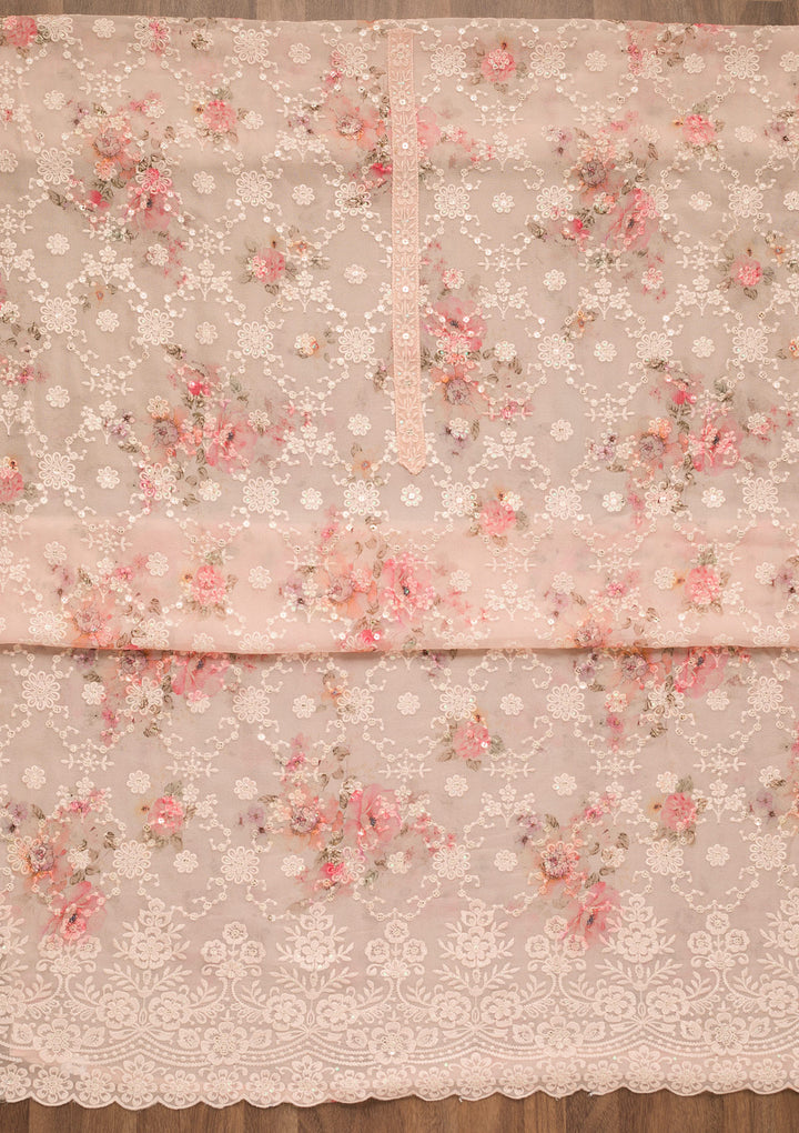 Peach Threadwork Georgette Unstitched Salwar Suit