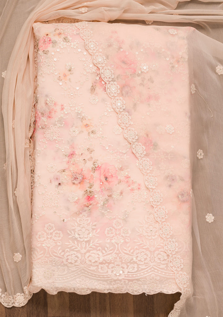 Peach Threadwork Georgette Unstitched Salwar Suit