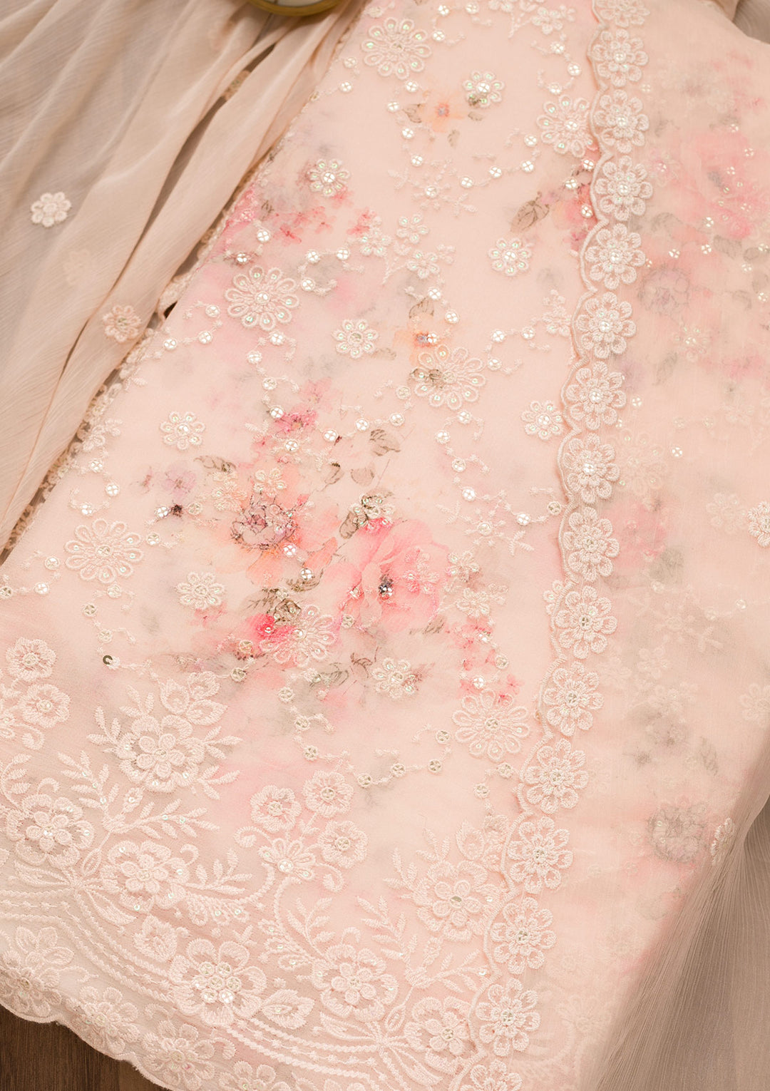 Peach Threadwork Georgette Unstitched Salwar Suit