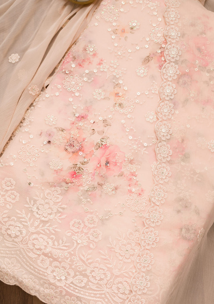 Peach Threadwork Georgette Unstitched Salwar Suit