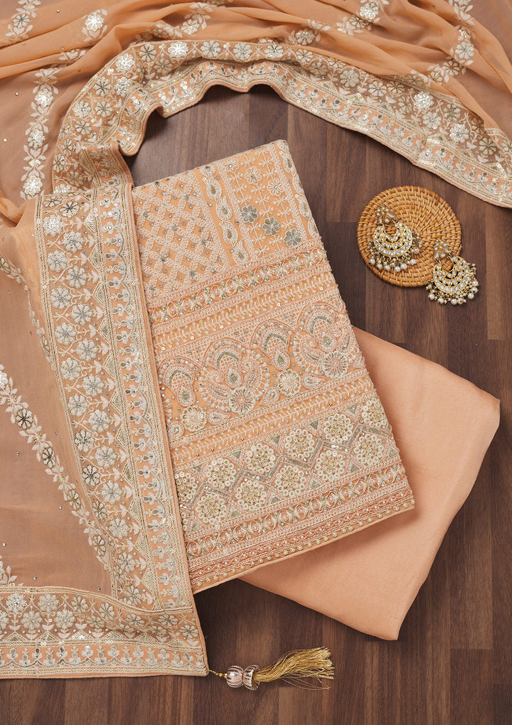 Peach Threadwork Georgette Unstitched Salwar Suit