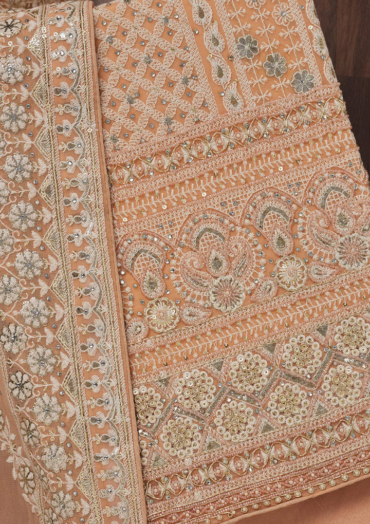 Peach Threadwork Georgette Unstitched Salwar Suit