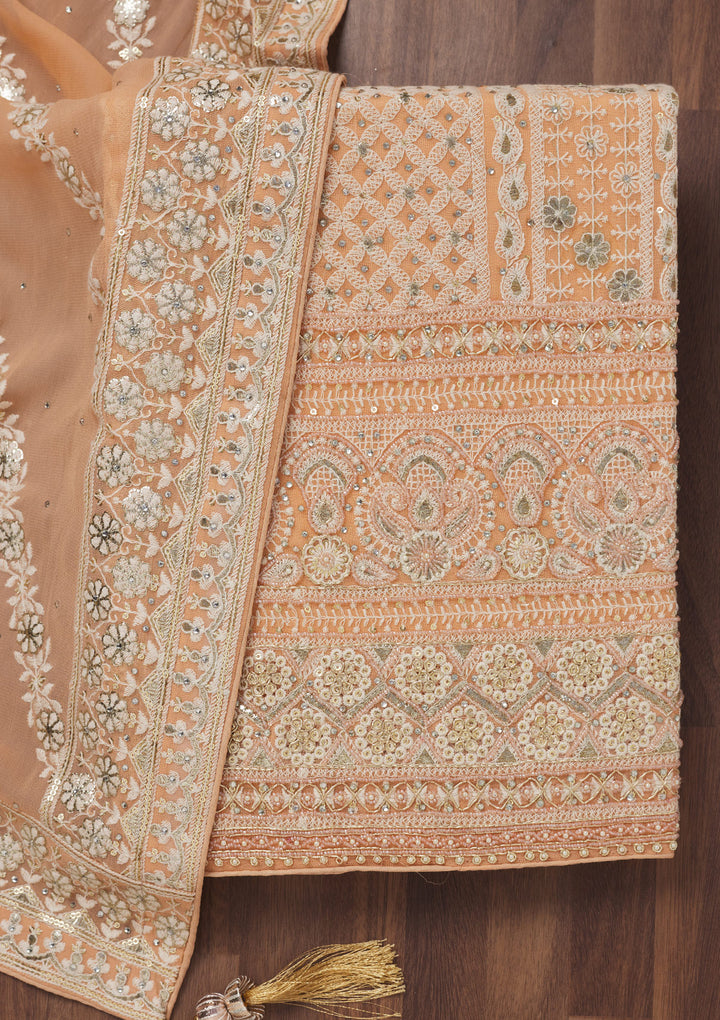 Peach Threadwork Georgette Unstitched Salwar Suit