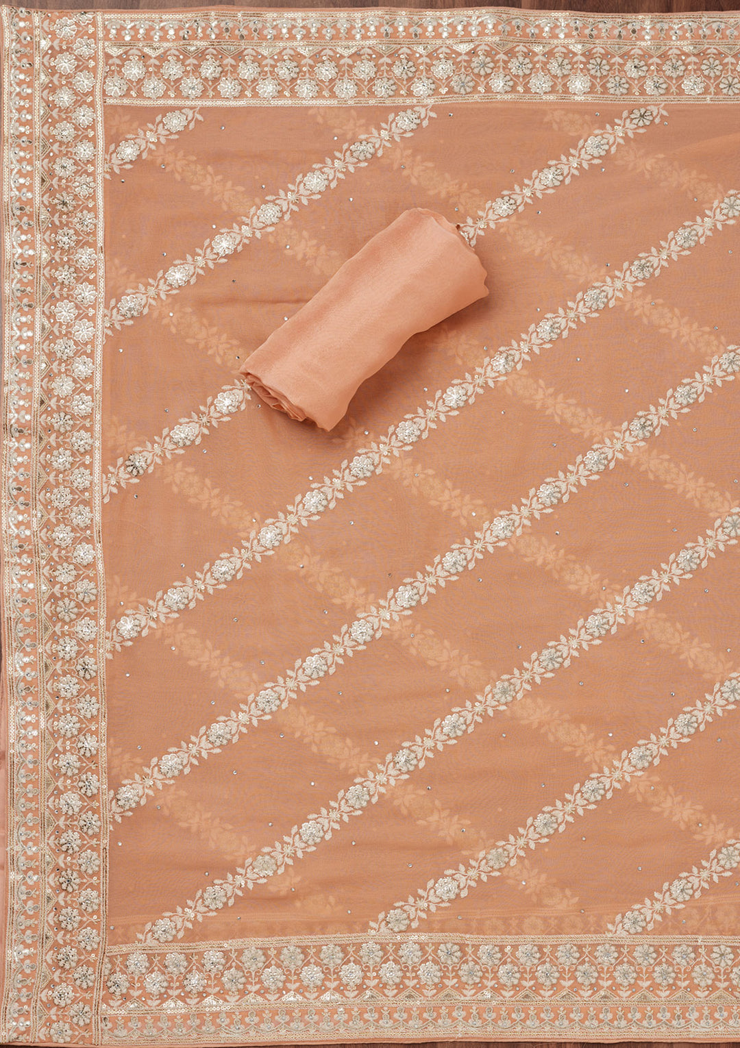 Peach Threadwork Georgette Unstitched Salwar Suit