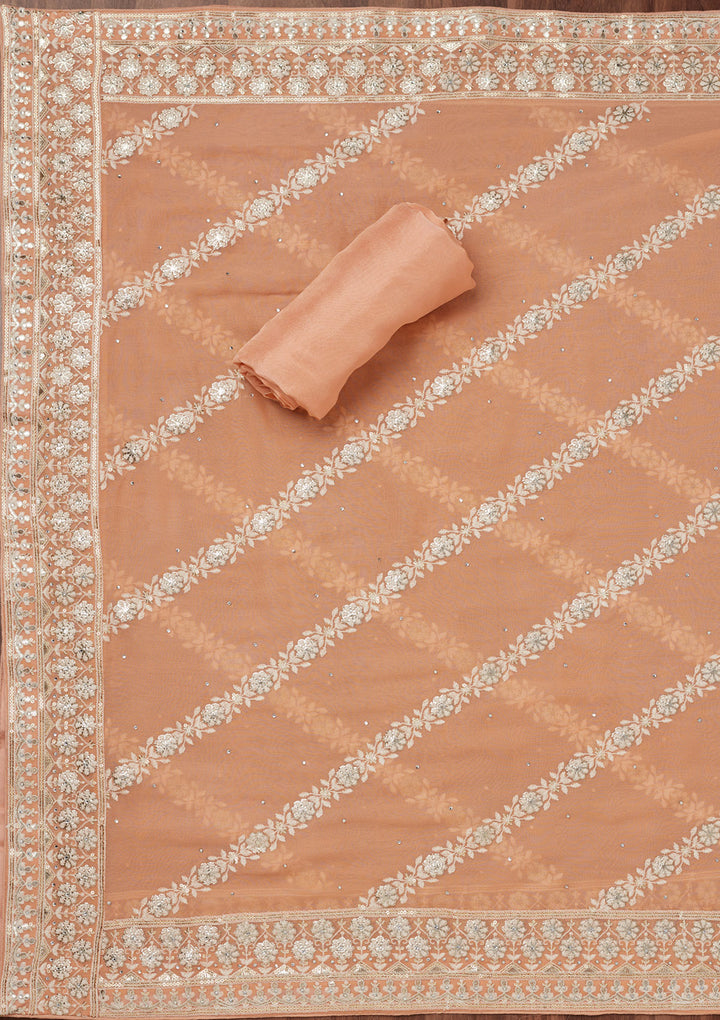 Peach Threadwork Georgette Unstitched Salwar Suit