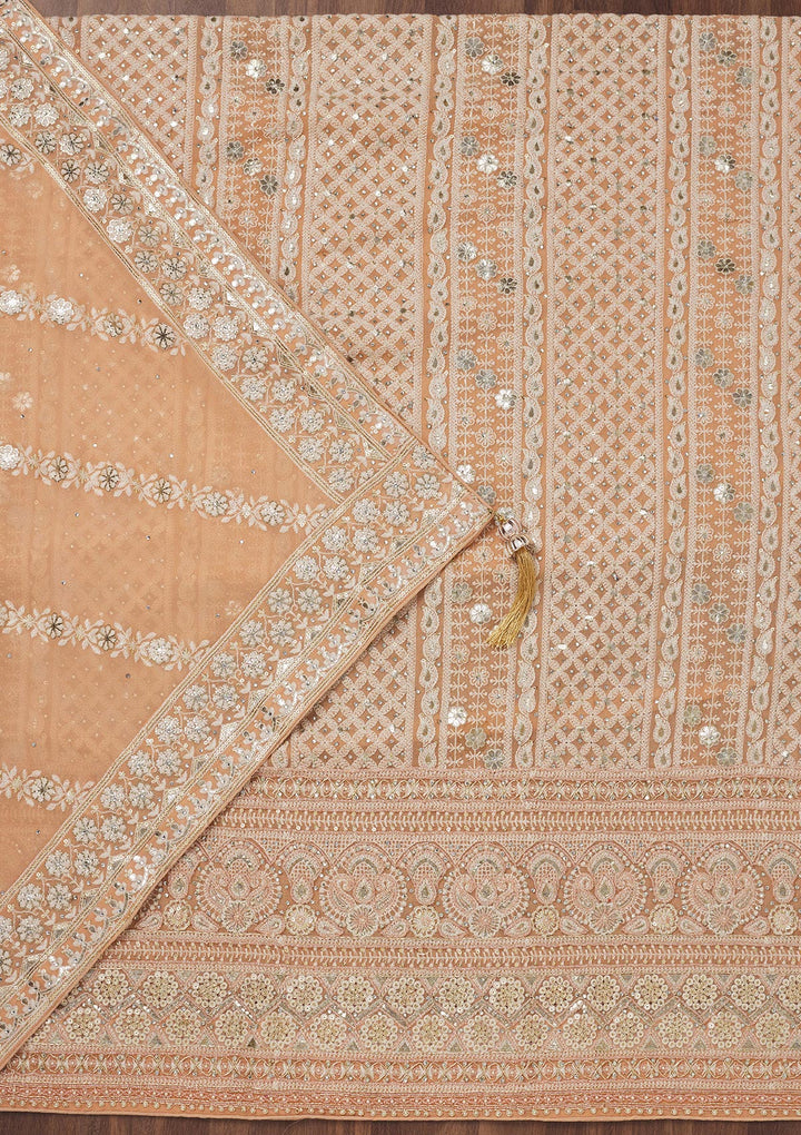 Peach Threadwork Georgette Unstitched Salwar Suit