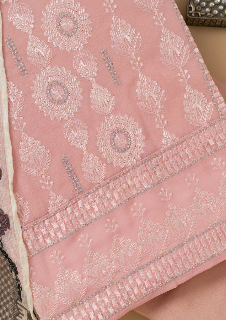 Peach Threadwork Georgette Unstitched Salwar Suit