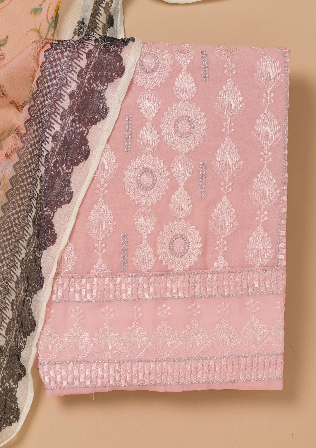 Peach Threadwork Georgette Unstitched Salwar Suit