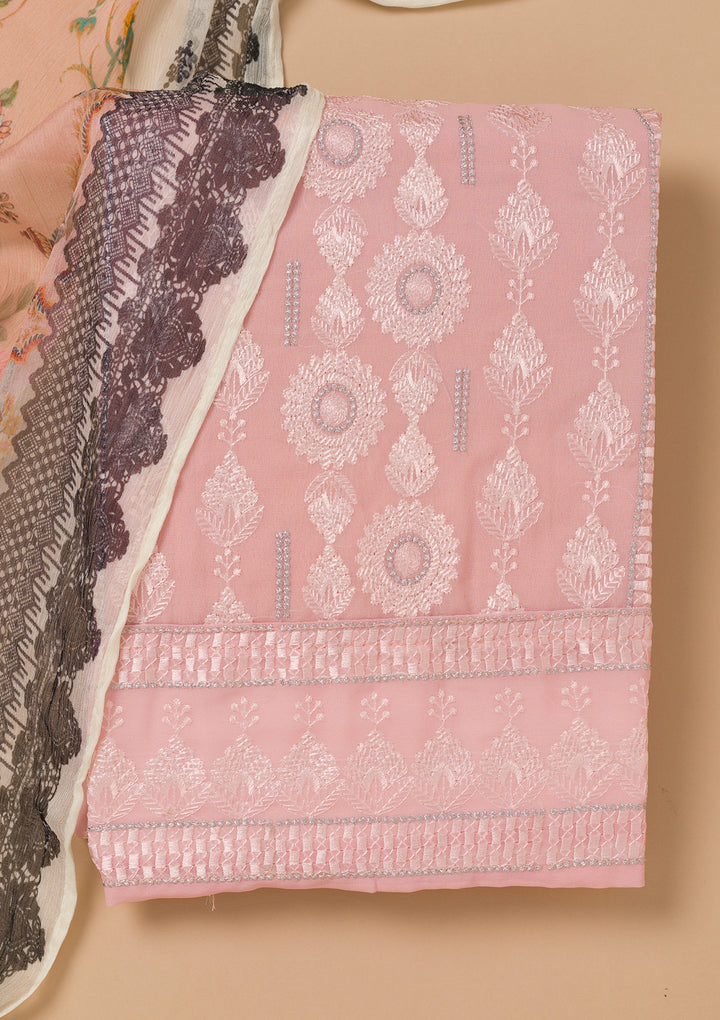 Peach Threadwork Georgette Unstitched Salwar Suit