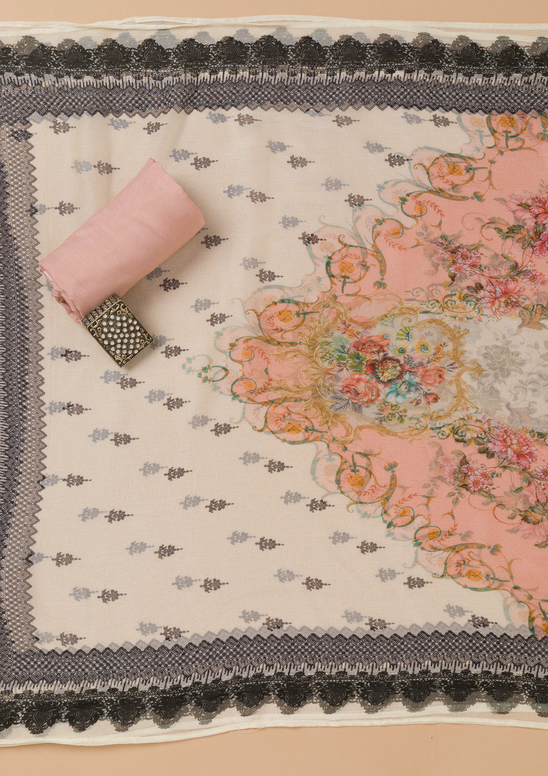 Peach Threadwork Georgette Unstitched Salwar Suit