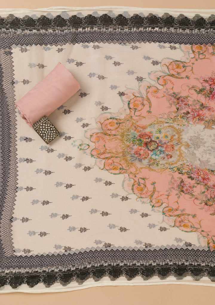 Peach Threadwork Georgette Unstitched Salwar Suit