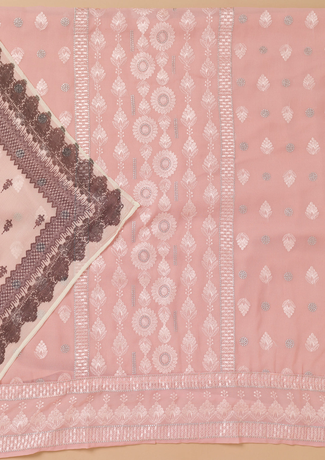 Peach Threadwork Georgette Unstitched Salwar Suit