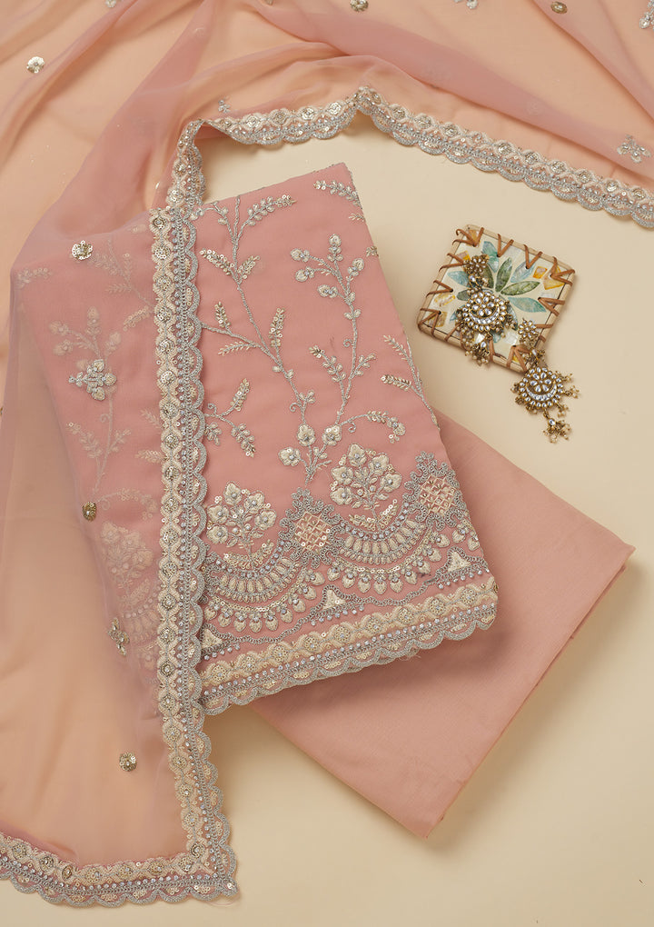 Peach Threadwork Georgette Unstitched Salwar Suit