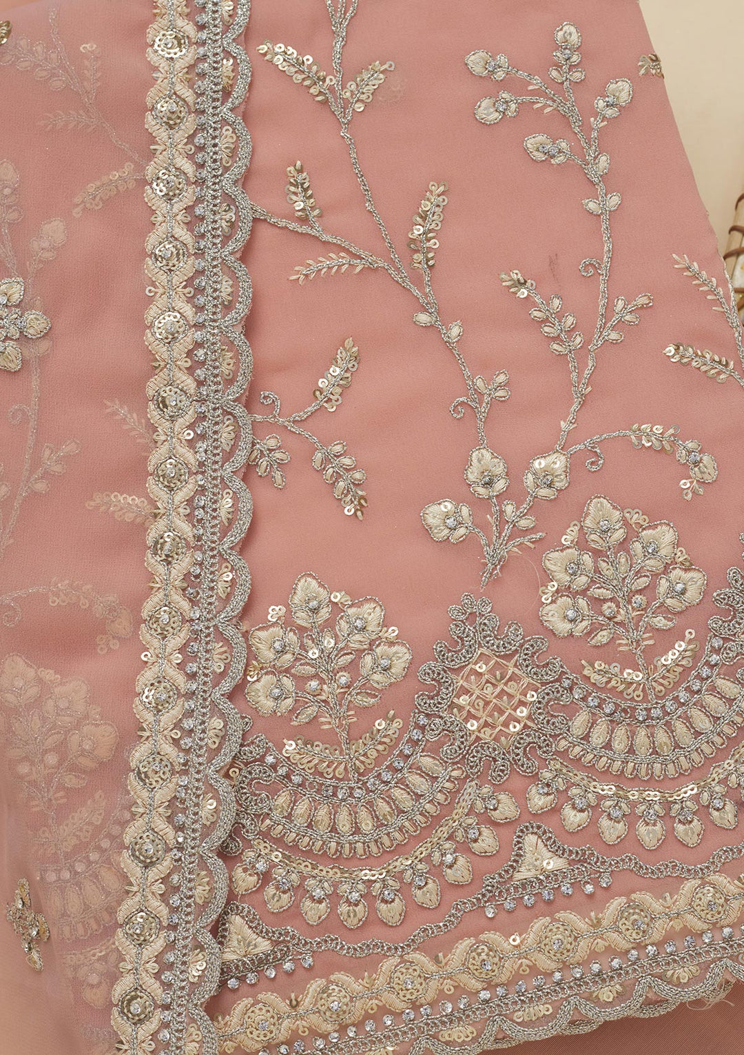 Peach Threadwork Georgette Unstitched Salwar Suit