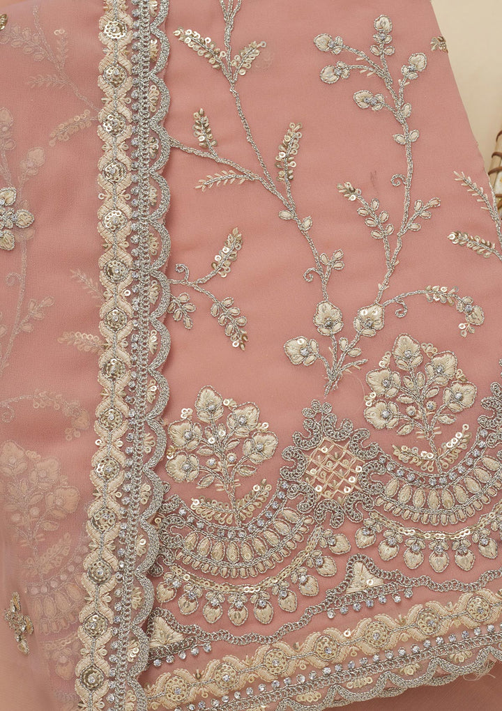 Peach Threadwork Georgette Unstitched Salwar Suit