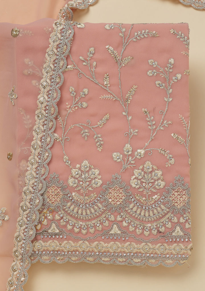 Peach Threadwork Georgette Unstitched Salwar Suit