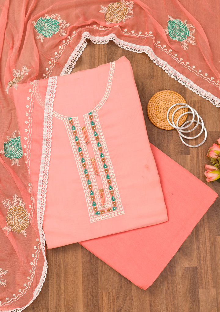 Peach Threadwork Georgette Unstitched Salwar Suit
