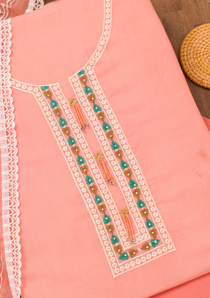 Peach Threadwork Georgette Unstitched Salwar Suit