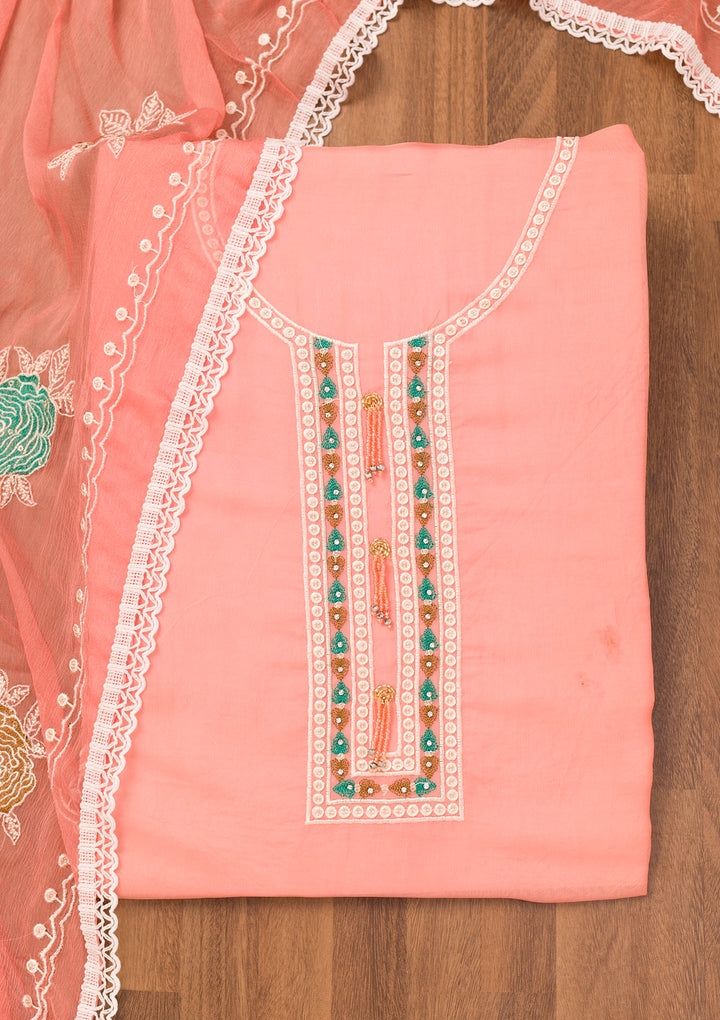 Peach Threadwork Georgette Unstitched Salwar Suit
