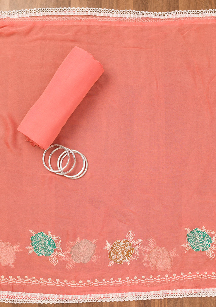 Peach Threadwork Georgette Unstitched Salwar Suit