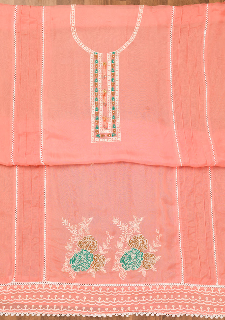 Peach Threadwork Georgette Unstitched Salwar Suit