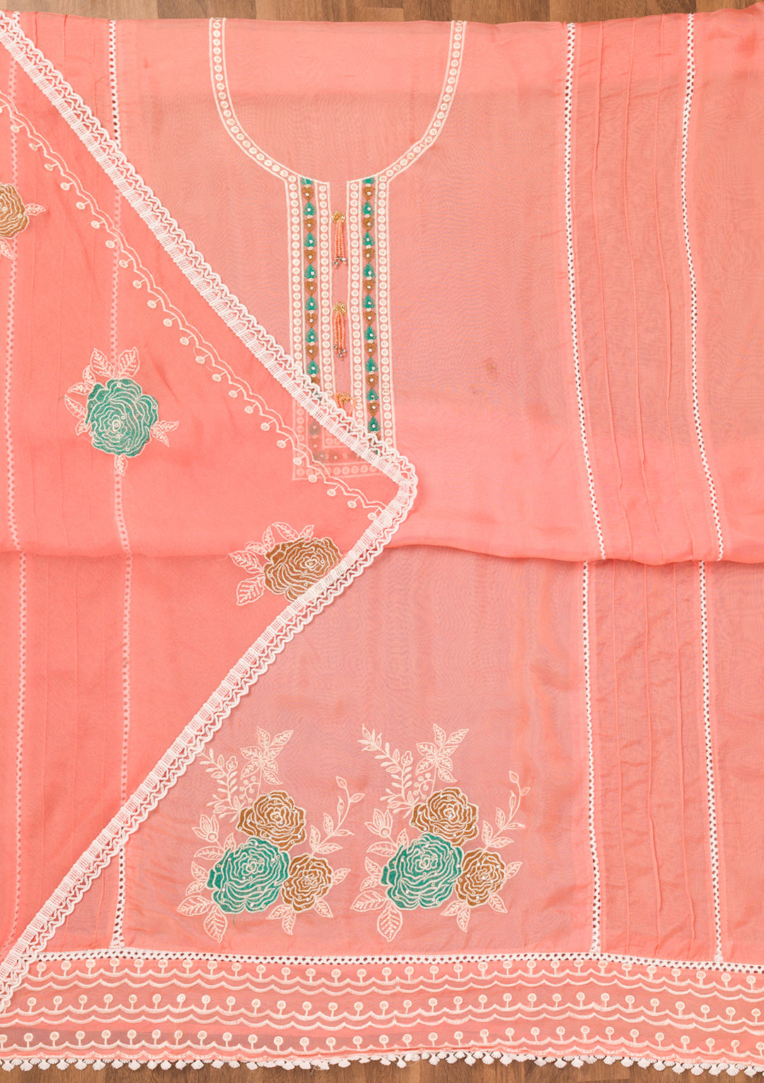 Peach Threadwork Georgette Unstitched Salwar Suit