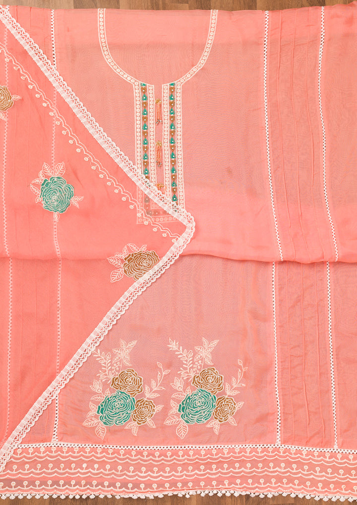 Peach Threadwork Georgette Unstitched Salwar Suit