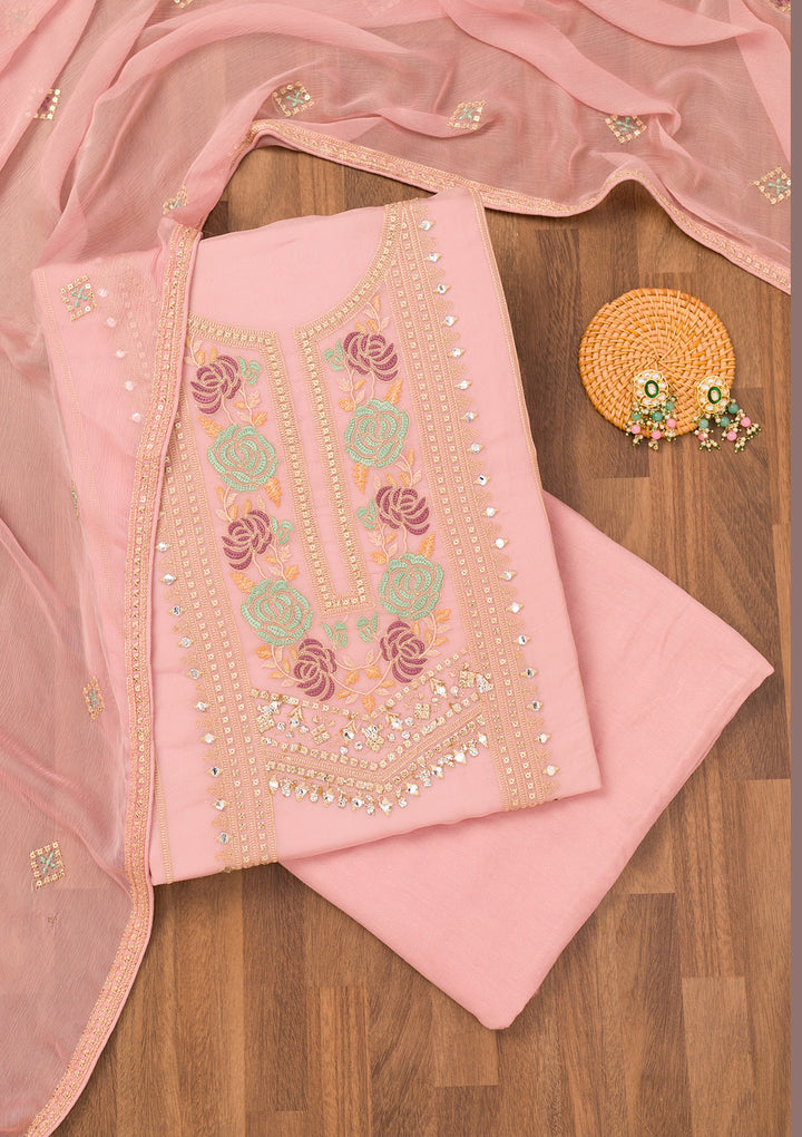 Peach Threadwork Georgette Unstitched Salwar Suit