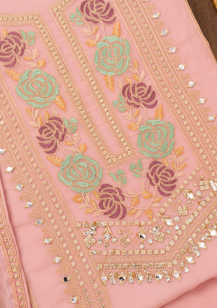 Peach Threadwork Georgette Unstitched Salwar Suit