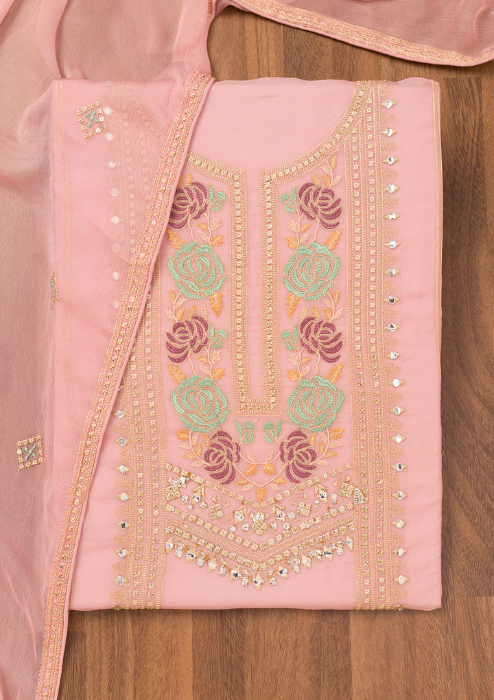 Peach Threadwork Georgette Unstitched Salwar Suit