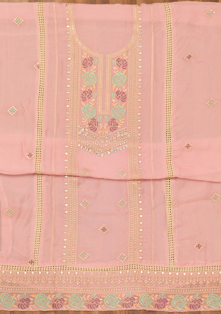 Peach Threadwork Georgette Unstitched Salwar Suit